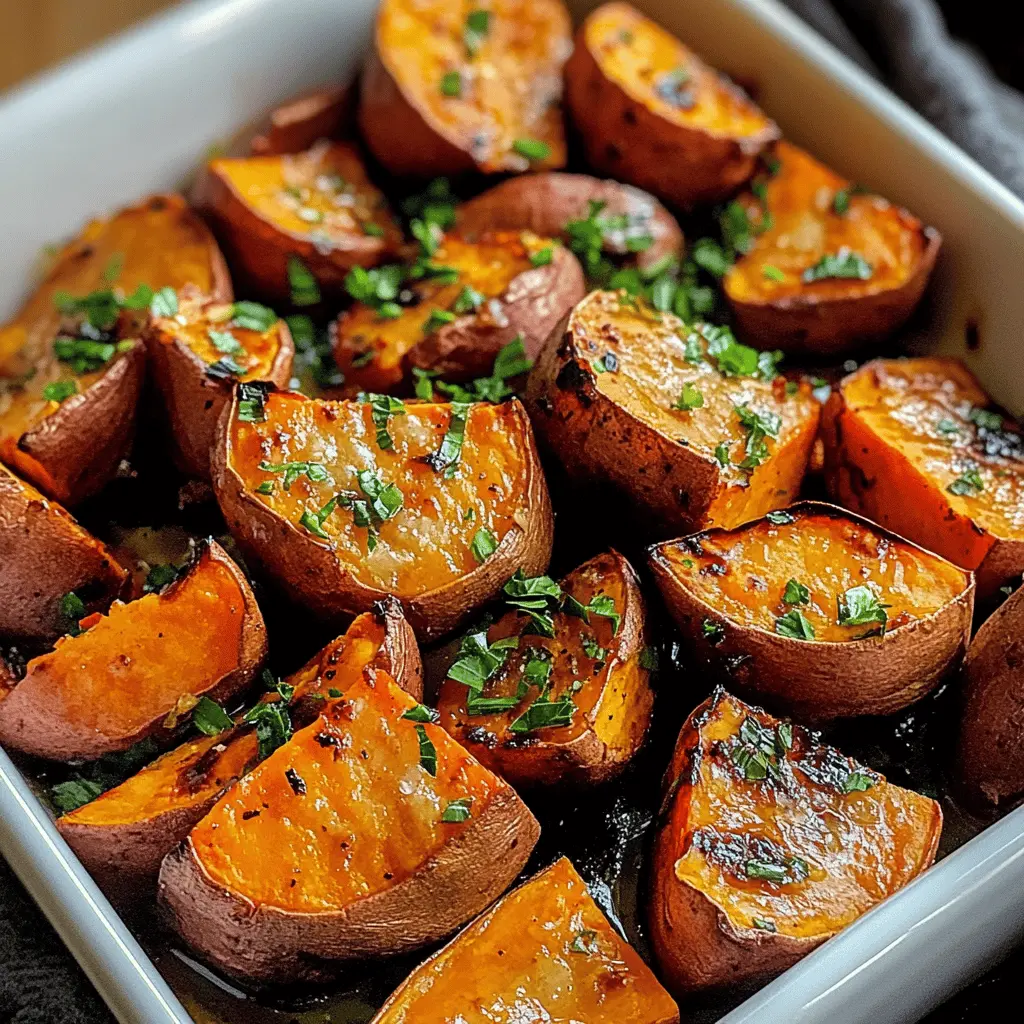 Looking for a delicious side dish? These Garlic Butter Roasted Sweet Potatoes are packed with flavor and are so easy to make! The perfect blend of sweet and savory, these golden cubes are crispy on the outside and tender on the inside. Save this recipe for your next family dinner or holiday gathering – everyone will love them!