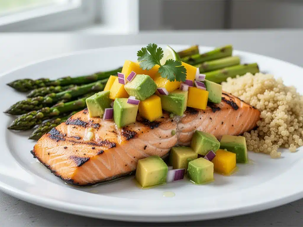 paleo grilled salmon with mango avocado salsa - featured image